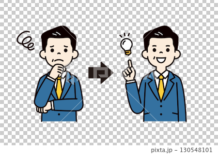 困っている表情と、解決した表情の50代・60代のビジネスマンの上半身ベクターイラスト素材＿カラー 130548101