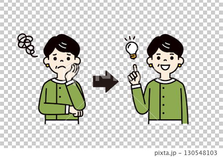Upper body vector illustration of a woman in her 50s or 60s who was worried but came up with a good idea - color 130548103