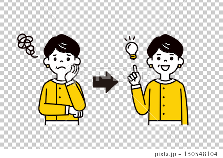 A vector illustration of the upper body of a woman in a suit in her 50s or 60s who was worried but came up with a solution 130548104