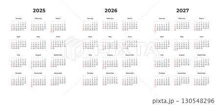 Vertical annual calendar template for 2025, 2026 and 2027 year isolated on a transparent background. Week Starts on SUNDAY. Business calendar in a minimalist style for 2025, 2026 and 2027 year. Vector 130548296