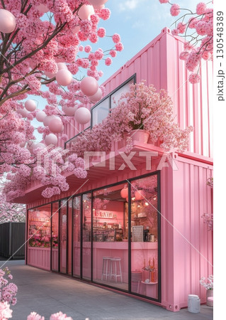Charming pink outdoor dining experience in urban setting vibrant floral decor whimsical atmosphere 130548389
