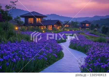 Tranquil lavender pathway scenic resort nature photography serene landscape dusk viewpoint 130548413