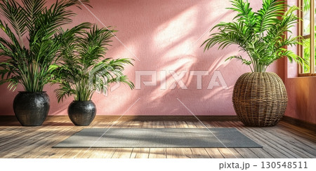 Relaxing yoga space with indoor plants bright room interior design peaceful atmosphere wide angle wellness concept 130548511