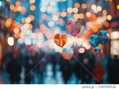 Celebration atmosphere with colorful balloons urban street event photography nighttime elegance romantic vibes 130548526