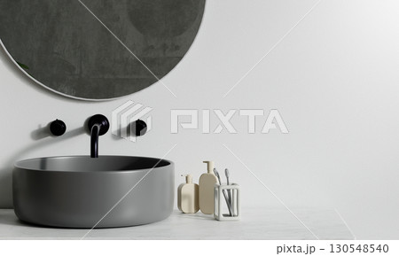 Elegant bathroom vignette with dark sink and round mirror, 3D render illustration. 130548540