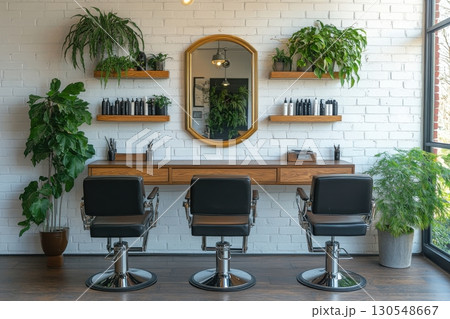 Stylish hair salon interior design urban location photography modern environment wide angle view aesthetic appeal 130548667