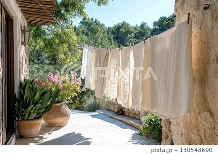 Laundry drying in a serene garden rustic home lifestyle scene sunny environment inviting viewpoint 130548690