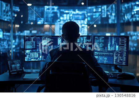 Data analysis event cybersecurity control room high-tech environment monitor view digital surveillance impact 130548816