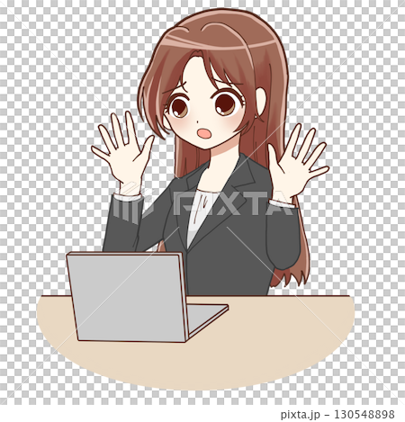 A woman in a suit operating a computer (surprised and confused) 130548898