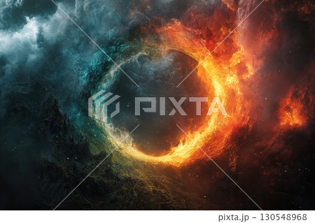 Epic cosmic convergence of fire and water fantasy realm digital art surreal landscape aerial perspective elemental balance 130548968
