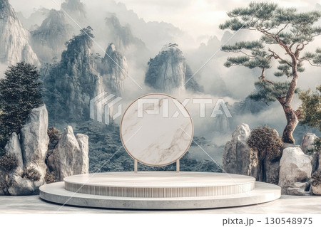 Scenic mountainous landscape with circular marble stage serene nature setting artistic display calm environment elevated view 130548975