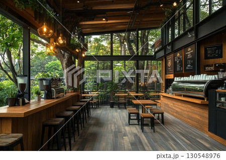 Cozy coffee shop ambiance urban setting interior design contemporary environment inviting viewpoint relaxation concept Cozy coffee shop ambiance urban setting interior design contemporary environment inviting viewpoint relaxation concept 130548976