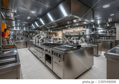 Professional kitchen setup restaurant interior photography commercial space wide-angle view culinary precision 130549006