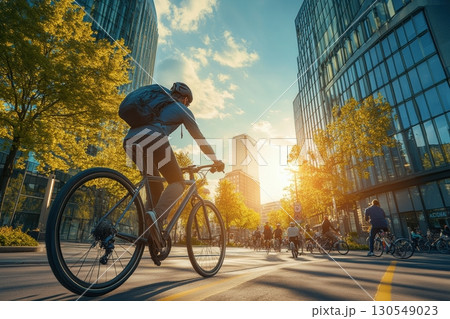 Cyclist riding through urban landscape at sunset city streets lifestyle photography modern environment captivating viewpoint Cyclist riding through urban landscape at sunset city streets lifestyle photography modern environment captivating viewpoint 130549023