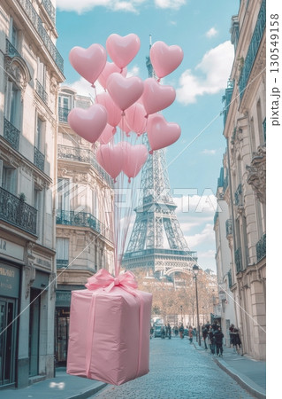 Celebration with pink balloons and gift box paris digital art urban setting eye-level view joyful surprise 130549158