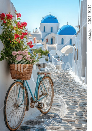Biking through santorini streets greece travel photography quaint village bright day relaxation Biking through santorini streets greece travel photography quaint village bright day relaxation 130549159