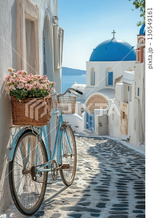 Charming bicycle with flowers santorini travel photography scenic street eye-level view mediterranean vibes 130549161