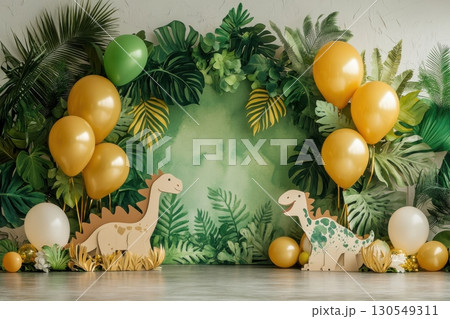 Dinosaur-themed celebration indoor party venue event setup festive environment playful viewpoint kids adventure concept 130549311