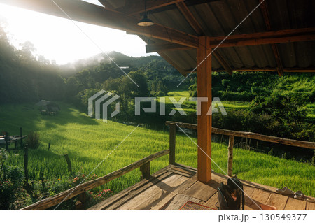 Wooden balcony with rice fields, view from the hut next to the rice fields Wooden balcony with rice fields, view from the hut next to the rice fields 130549377