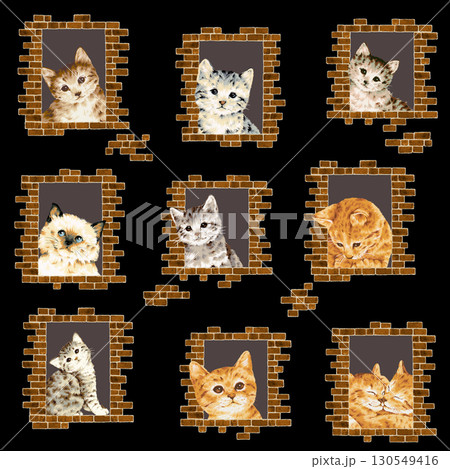 煉瓦造りの窓辺で遊ぶ可愛いネコイラスト, 130549416