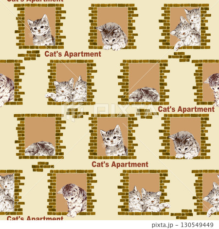 レンガ作りの窓際で遊ぶネコのテキスタイルパターン, 130549449