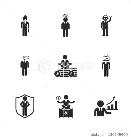 Creative businessman icon set showing modern work, finance, AI, tech, and growth concepts in solid style 130549469