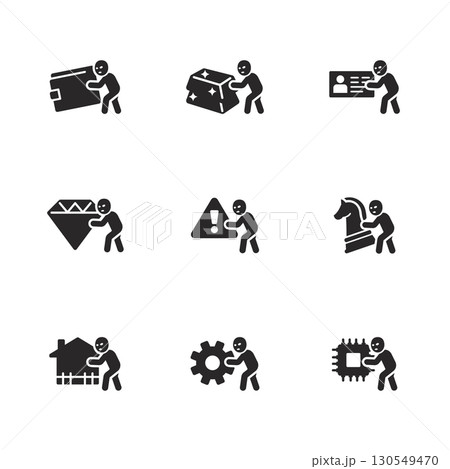 Thief icon set showing various crimes including stealing wallet, gold, ID, chip, and valuables in solid style 130549470