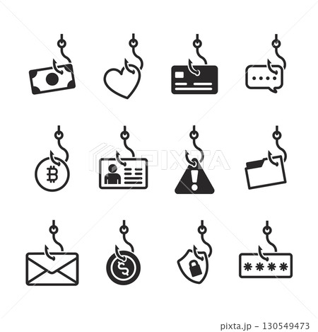 Set of phishing hooks stealing data, money, passwords, and identity to illustrate cybercrime and online fraud threats 130549473