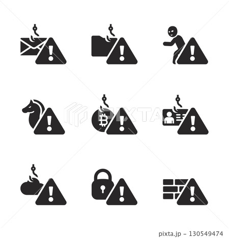 Phishing icon set showing online threats like ID theft, email scam, crypto fraud, and digital security risk Phishing icon set showing online threats like ID theft, email scam, crypto fraud, and digital security risk 130549474