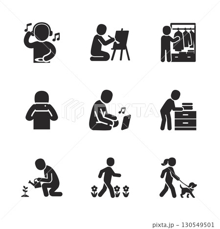 Daily joy solid icon set showing simple lifestyle activities for wellness and happy living designs. 130549501
