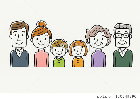 三世代家族の横並びイラスト|祖父母と両親、子どもたちの笑顔 三世代家族の横並びイラスト|祖父母と両親、子どもたちの笑顔 130549590