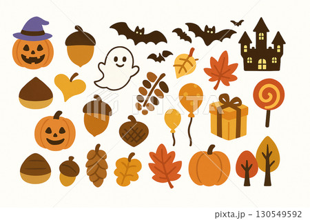 ハロウィンと秋のアイコンセット｜かぼちゃ・おばけ・どんぐり・紅葉 130549592