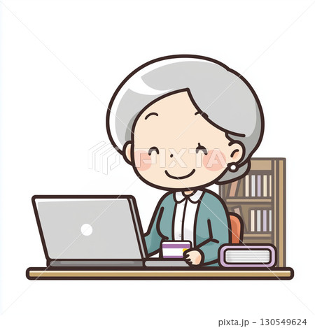 ネットショッピングサービス案内ポスター用イラスト リビングでパソコンを使い笑顔で買い物をする高齢女性 130549624
