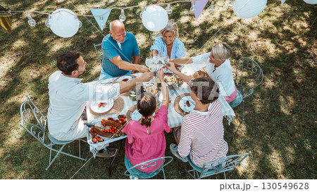Areal view of multigenerational family toasting during outdoor barbecue party. 130549628