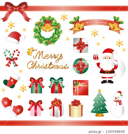クリスマス　アイコン　飾り　装飾　サンタクロース　もみの木　プレゼント　あしらい　イラスト素材 130549640