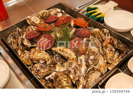 Korean Seafood Food. Steamed oysters and scallops 130549749