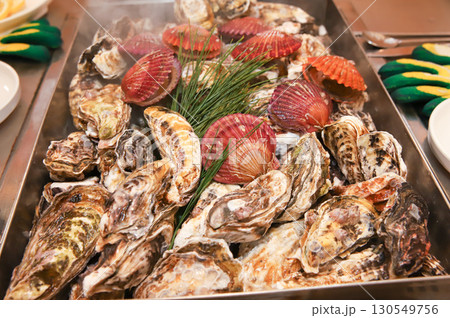 Korean Seafood Food. Steamed oysters and scallops 130549756