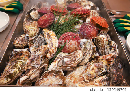 Korean Seafood Food. Steamed oysters and scallops 130549761