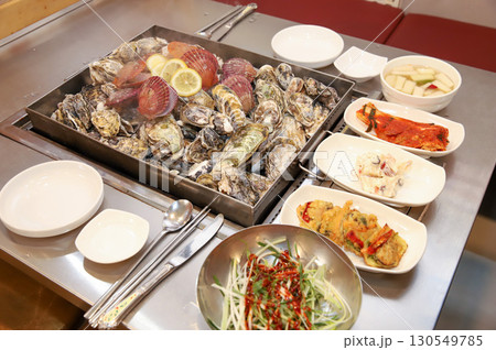 Korean Seafood Food. Steamed oysters and scallops 130549785