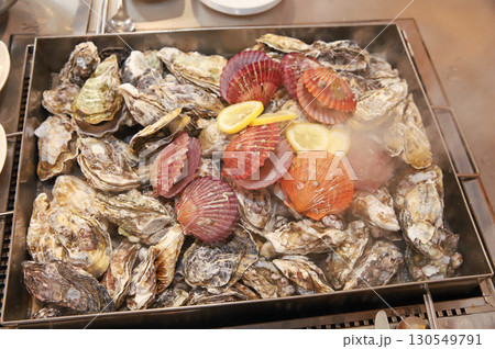 Korean Seafood Food. Steamed oysters and scallops 130549791