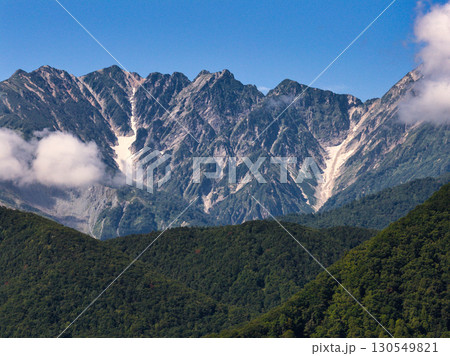 夏の栂池高原と二つの氷河（唐松沢雪渓・不帰沢雪渓）長野県小谷村（ドローンによる空撮） 130549821