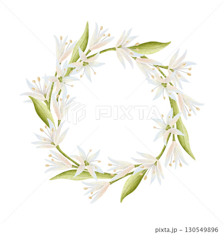Spring white flowers watercolor round wreath. Simple wildflowers frame with green leaves and copy space. Delicate floral sticker illustration in minimalist style for wedding designs 130549896