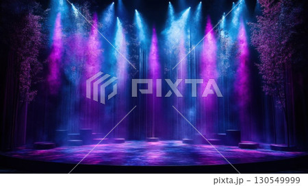 Stage theater with colorful lighting and smoke, Stage Podium Scene Background. 130549999