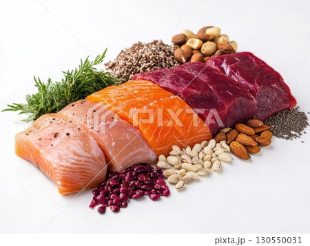 Raw salmon, tuna, salmon, tuna, salmon fillet with flax seeds, chia seeds, flax seeds and nuts on white background Raw salmon, tuna, salmon, tuna, salmon fillet with flax seeds, chia seeds, flax seeds and nuts on white background 130550031