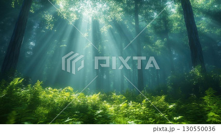 Sunlight in the forest with sunbeams passing through the trees. Sunlight in the forest with sunbeams passing through the trees. 130550036
