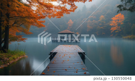 Autumn landscape with a pavilion on the lake in the fog. Autumn landscape with a pavilion on the lake in the fog. 130550048