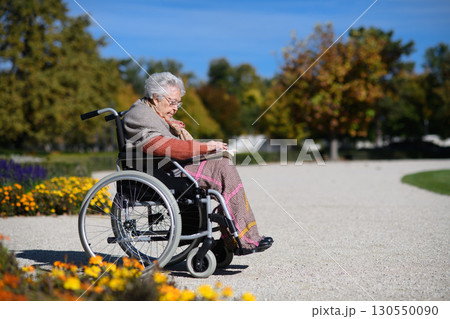 Portrait of elderly woman sitting in wheelchair and reading book. Semale senior spending warm autumn day in city park 130550090