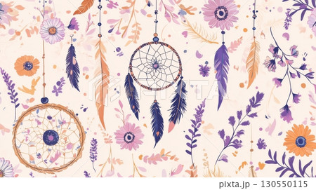 Watercolor dreamcatcher and flower seamless pattern 130550115