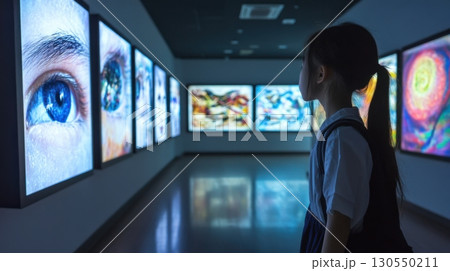 Young girl viewing artwork in a modern gallery with backlit paintings. Art appreciation, museum, culture, education. 130550211