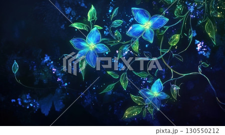Glowing Blue Flowers and Green Vines on Black Background, Abstract Floral Illustration 130550212